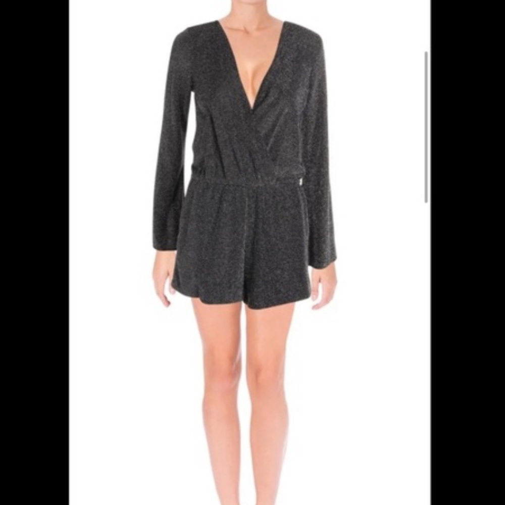Design Lab Lord & Taylor Black & Gold Metallic Lurex Long sleeve Surplice Romper